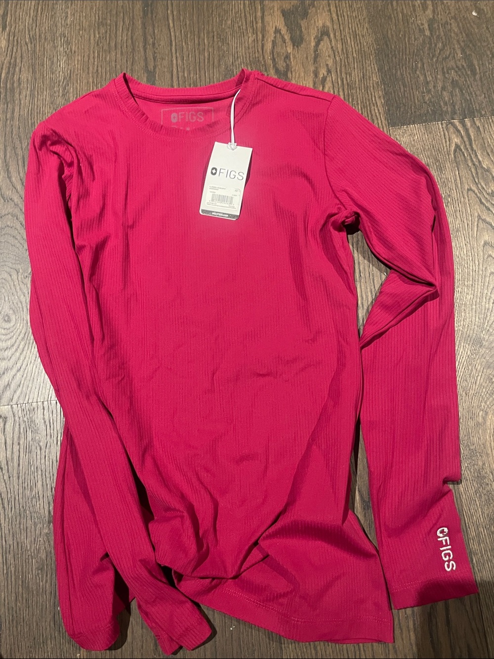 FIGS Long Sleeve Ribbed Crewneck Top in Fuchsia